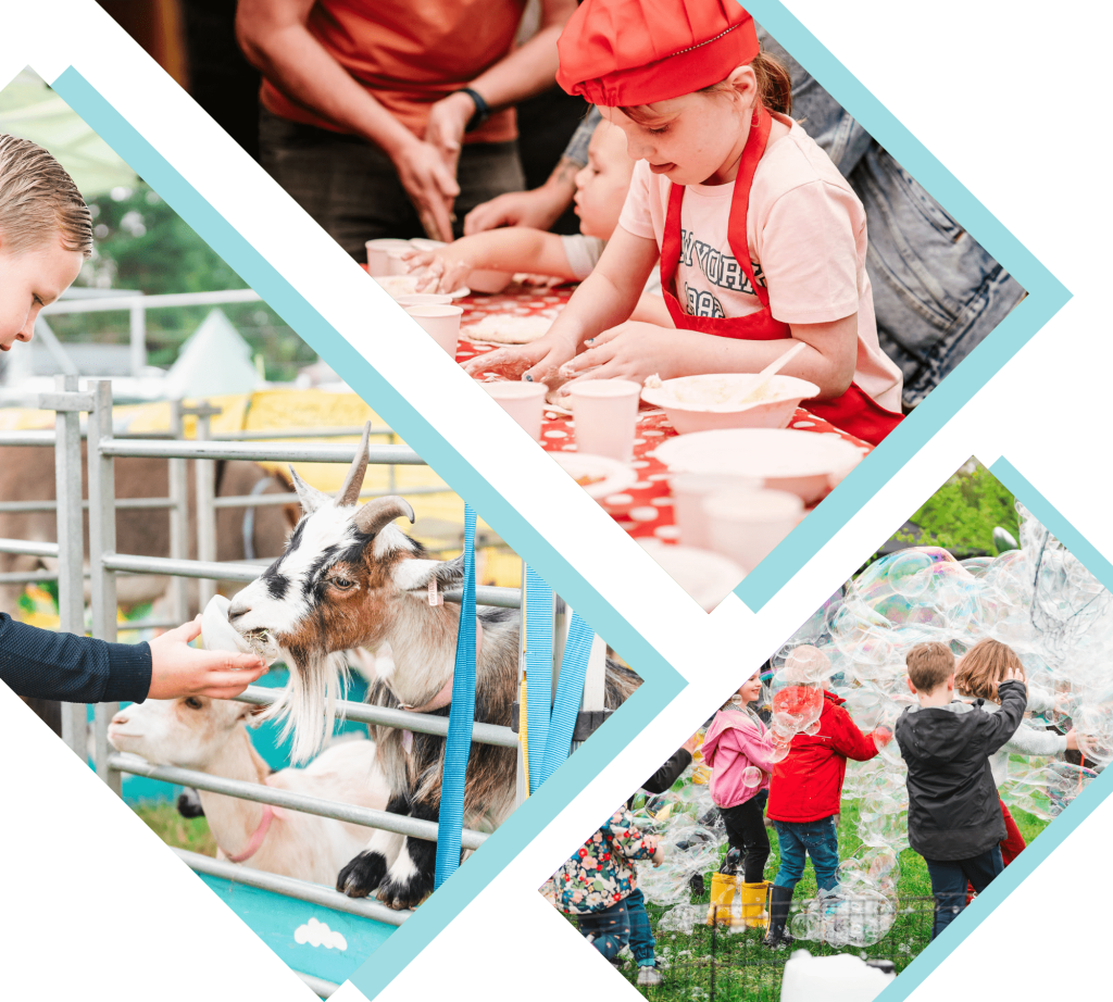 Children's activities - cooking classes, a mobile farm, and bubble performers